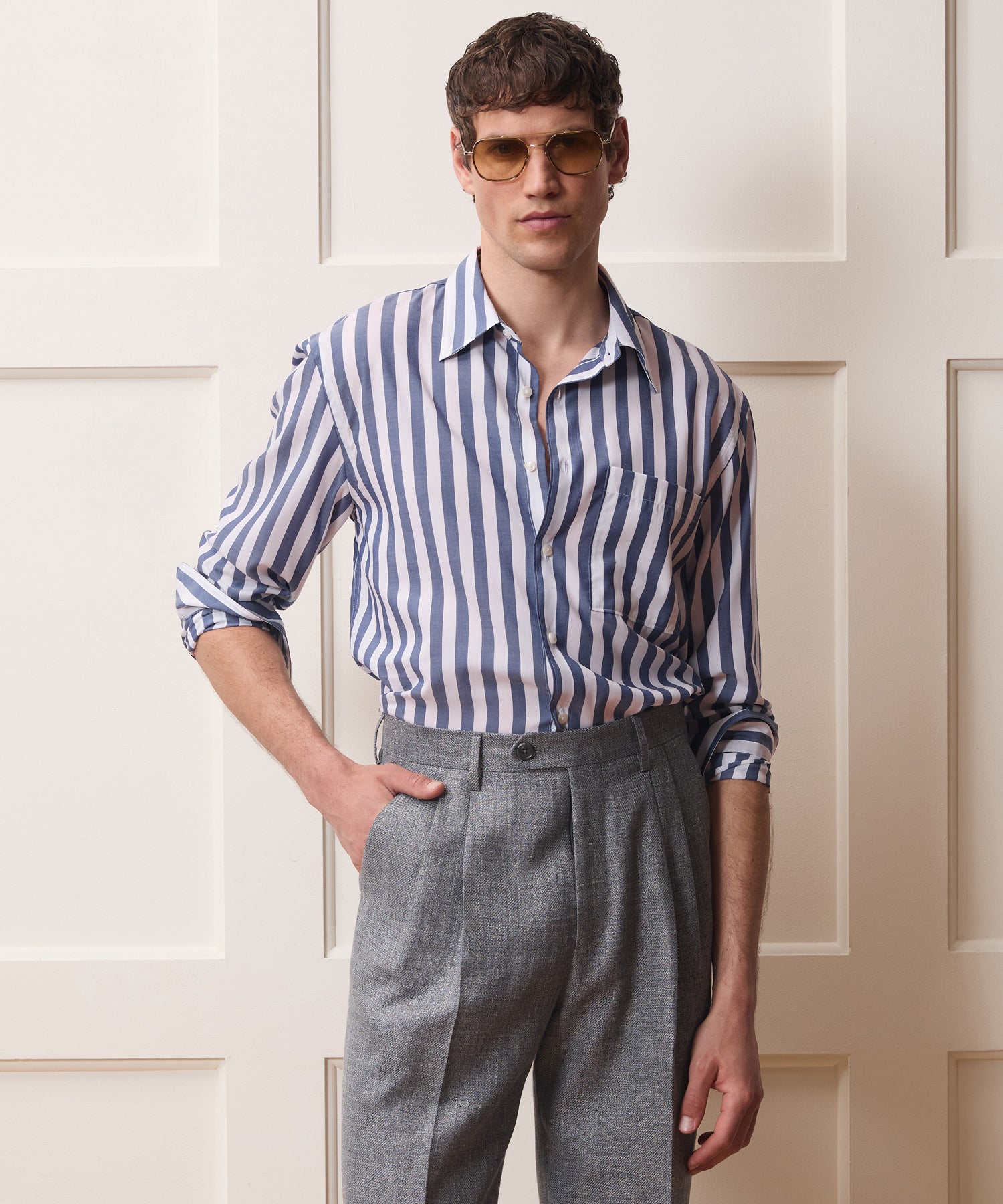 Todd Snyder Long Sleeve Canopy Point Collar Shirt in Navy Stripe Navy Stripe