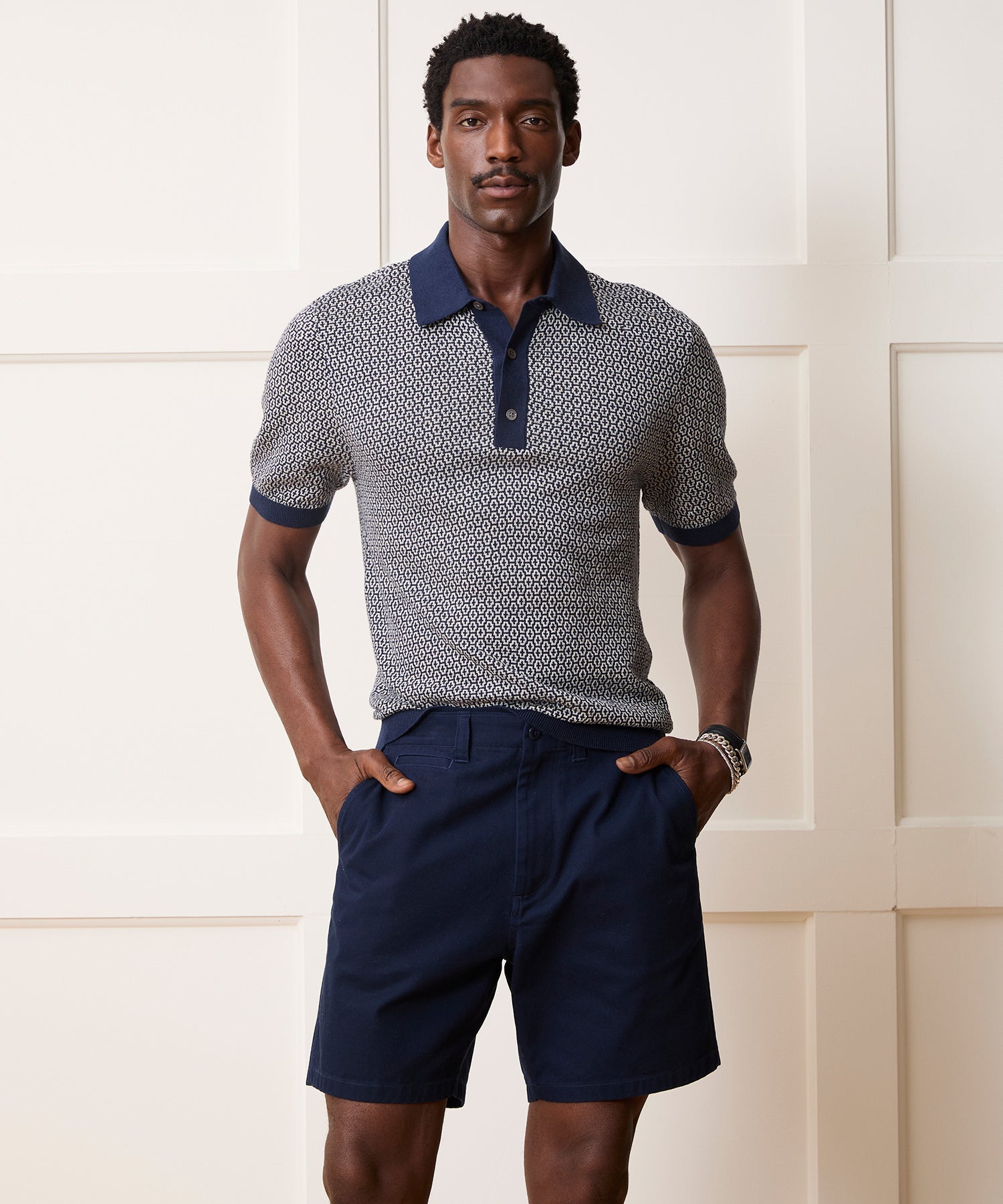 Todd Snyder Joshua Sweater Polo in Navy Batik Geo Navy Batik