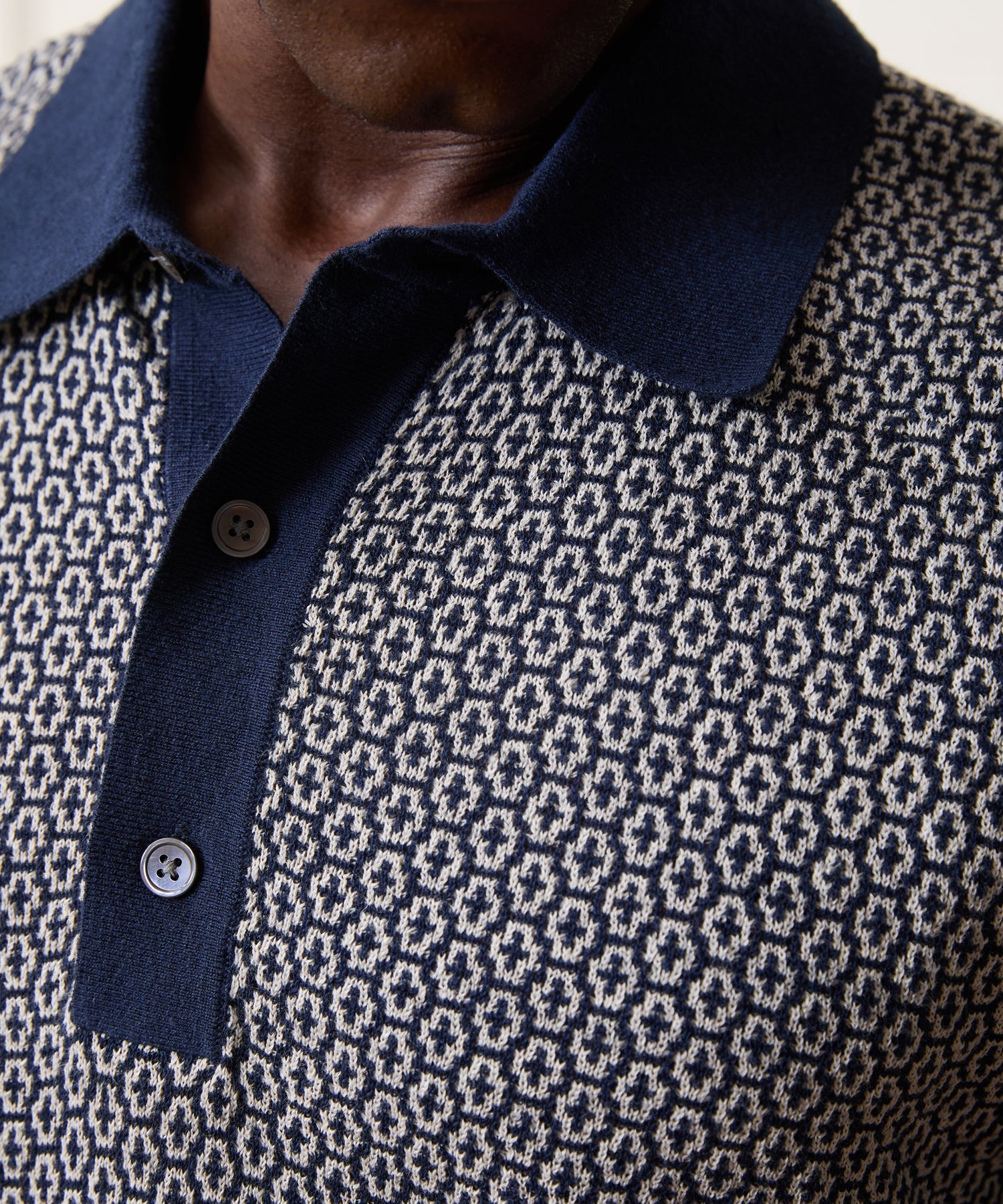 Todd Snyder Joshua Sweater Polo in Navy Batik Geo Navy Batik
