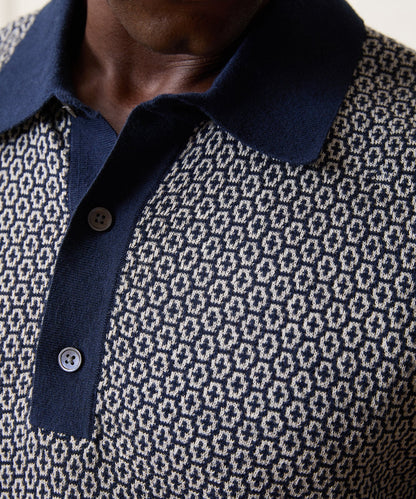 Todd Snyder Joshua Sweater Polo in Navy Batik Geo Navy Batik