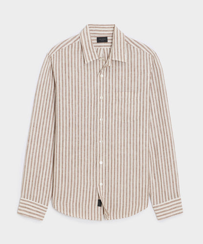 Todd Snyder Slim Sea Soft Linen Point Collar Shirt in Khaki Stripe Khaki Stripe