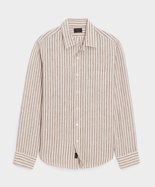 Todd Snyder Slim Sea Soft Linen Point Collar Shirt in Khaki Stripe Khaki Stripe