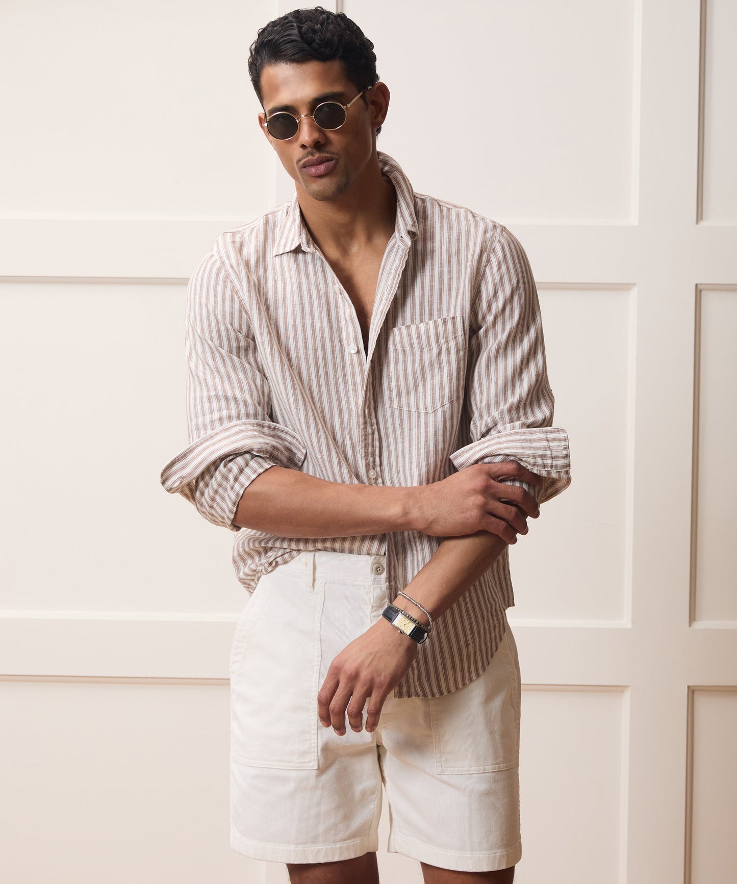 Todd Snyder Slim Sea Soft Linen Point Collar Shirt in Khaki Stripe Khaki Stripe