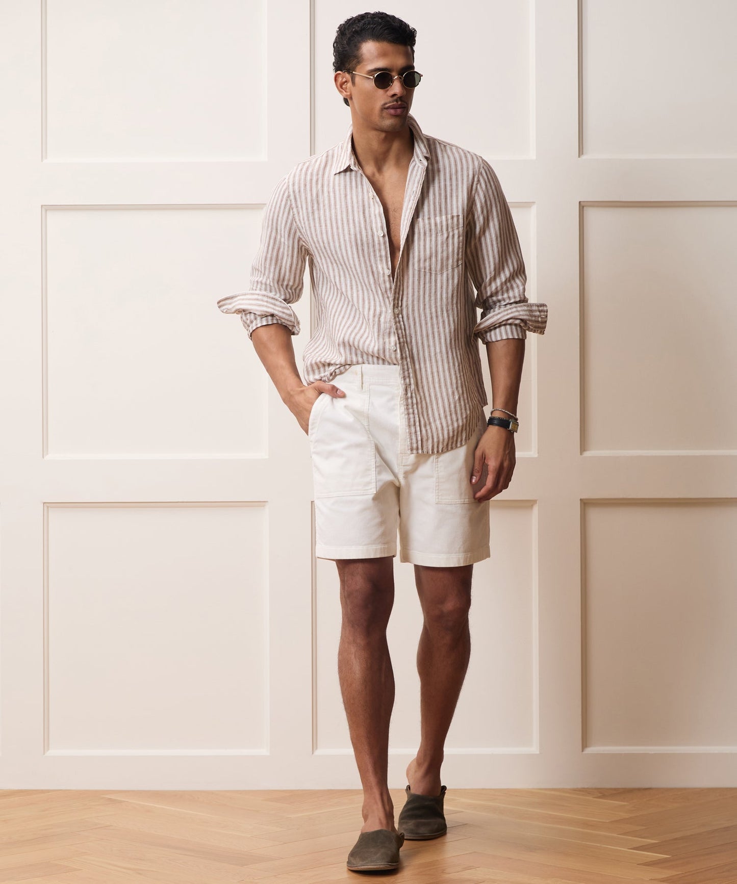 Todd Snyder Slim Sea Soft Linen Point Collar Shirt in Khaki Stripe Khaki Stripe