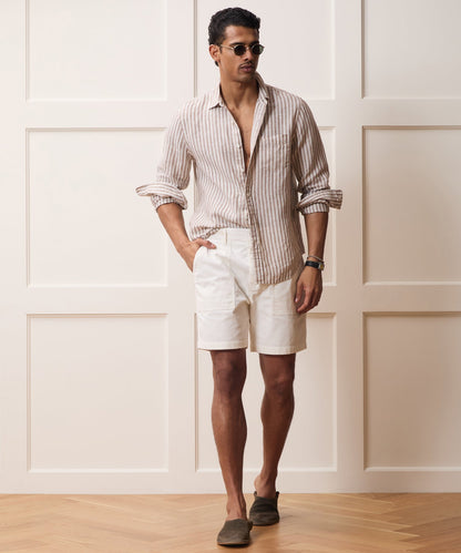 Todd Snyder Slim Sea Soft Linen Point Collar Shirt in Khaki Stripe Khaki Stripe