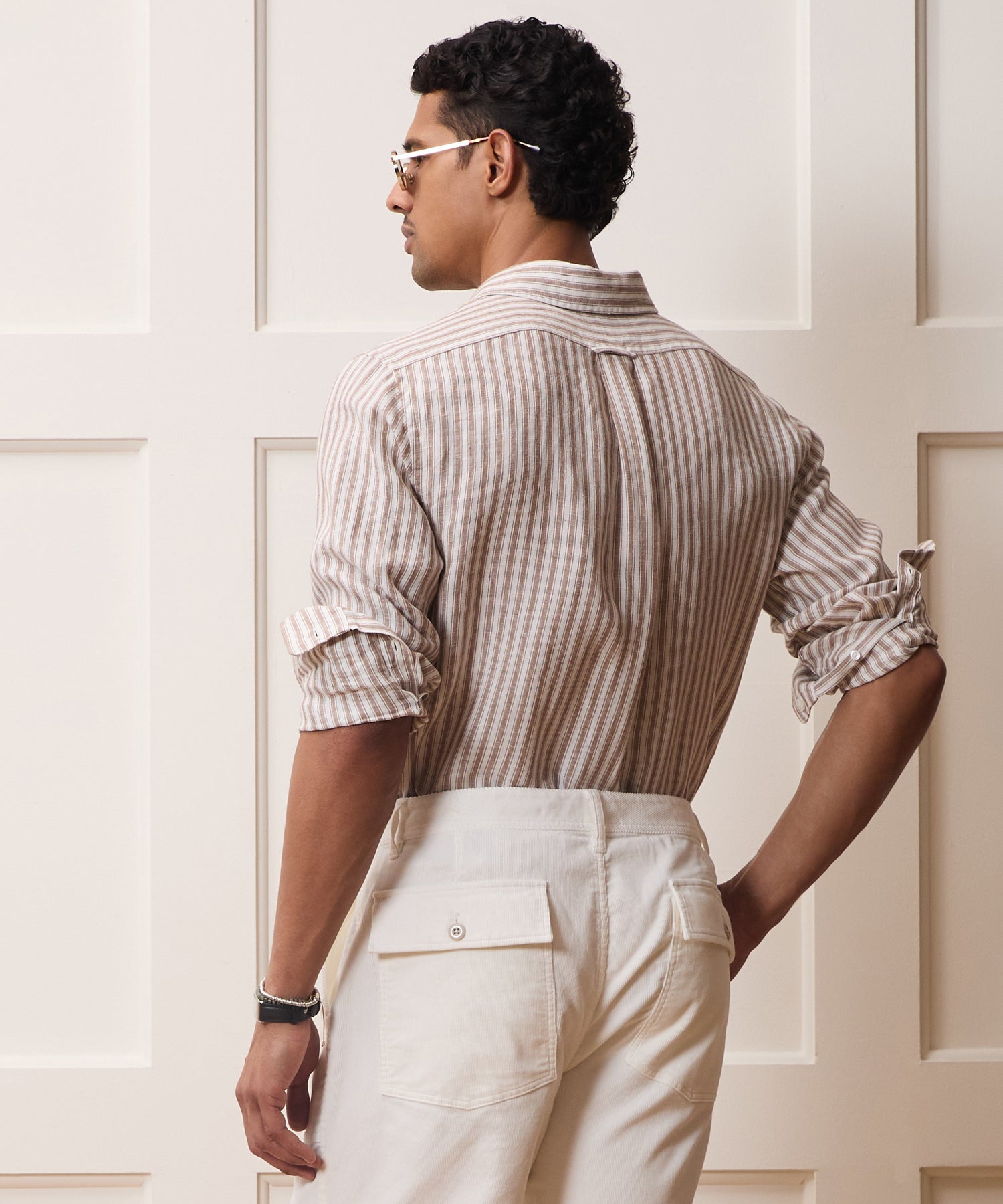 Todd Snyder Slim Sea Soft Linen Point Collar Shirt in Khaki Stripe Khaki Stripe