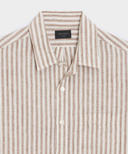 Todd Snyder Slim Sea Soft Linen Point Collar Shirt in Khaki Stripe Khaki Stripe