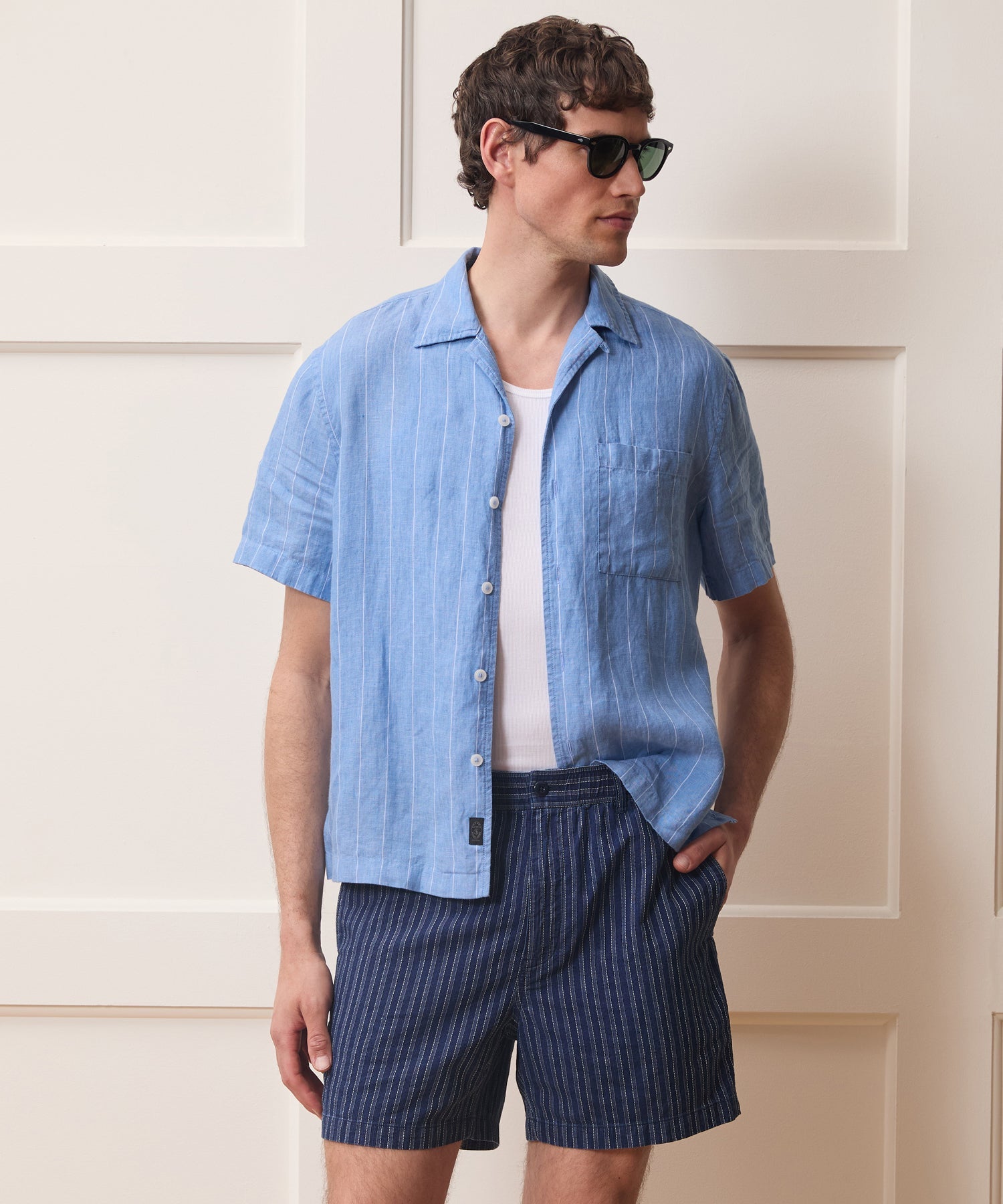 Todd Snyder Linen Capri Shirt in Light Blue Stripe Light Blue Stripe
