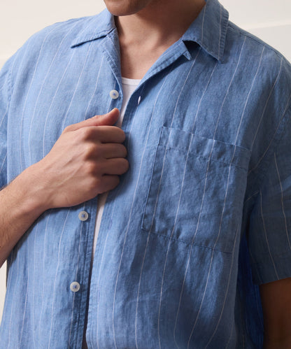 Todd Snyder Linen Capri Shirt in Light Blue Stripe Light Blue Stripe