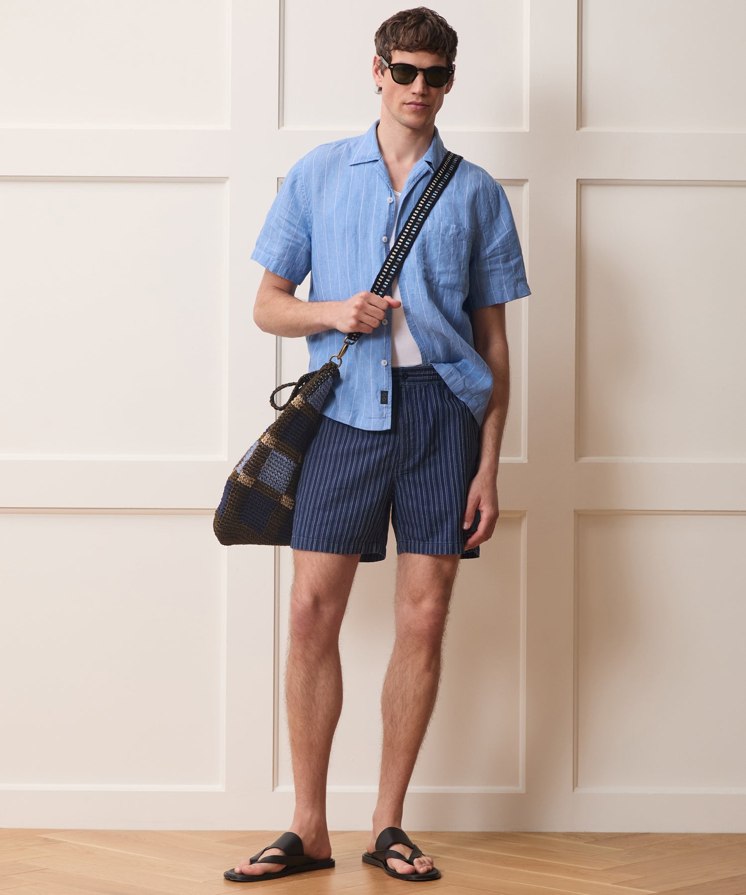 Todd Snyder Linen Capri Shirt in Light Blue Stripe Light Blue Stripe