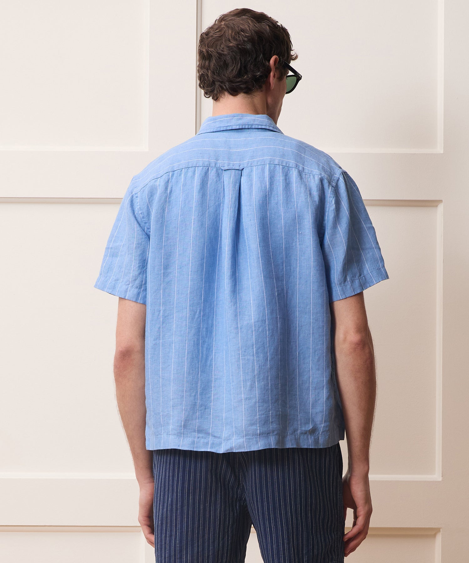 Todd Snyder Linen Capri Shirt in Light Blue Stripe Light Blue Stripe