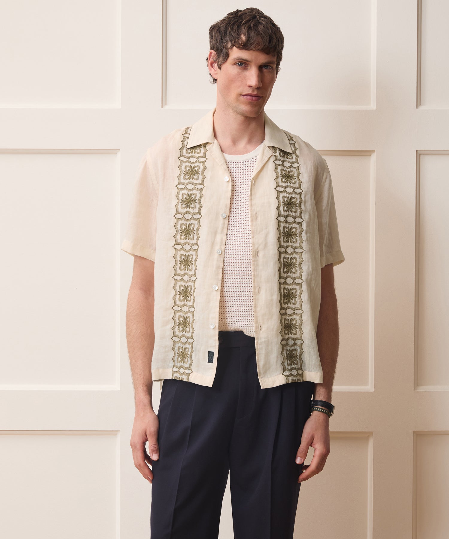 Todd Snyder Embroidered Voile Capri Shirt in Beige Embroidery Beige