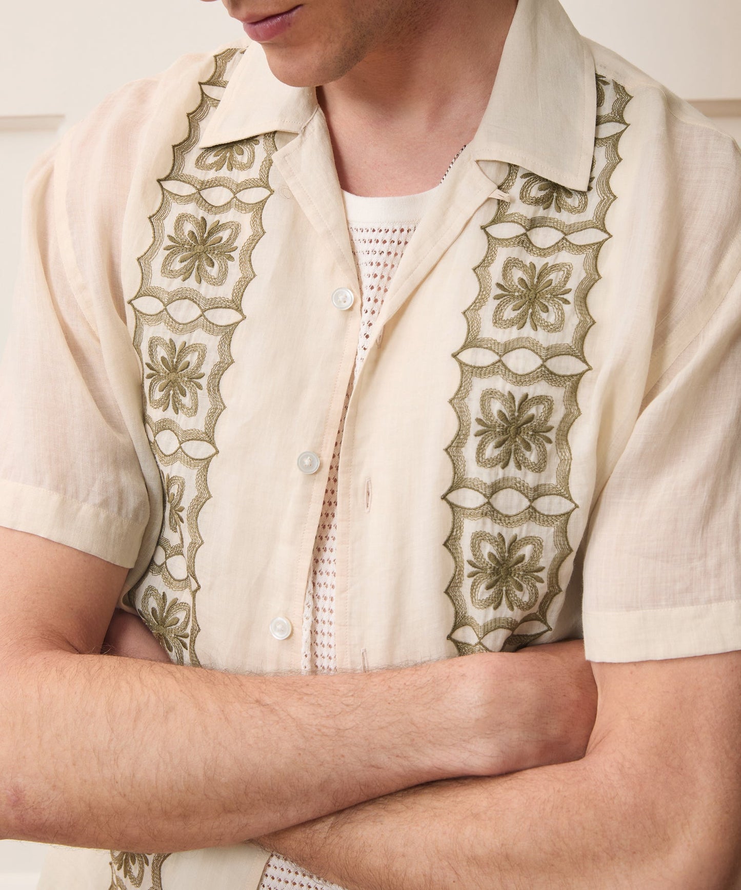 Todd Snyder Embroidered Voile Capri Shirt in Beige Embroidery Beige