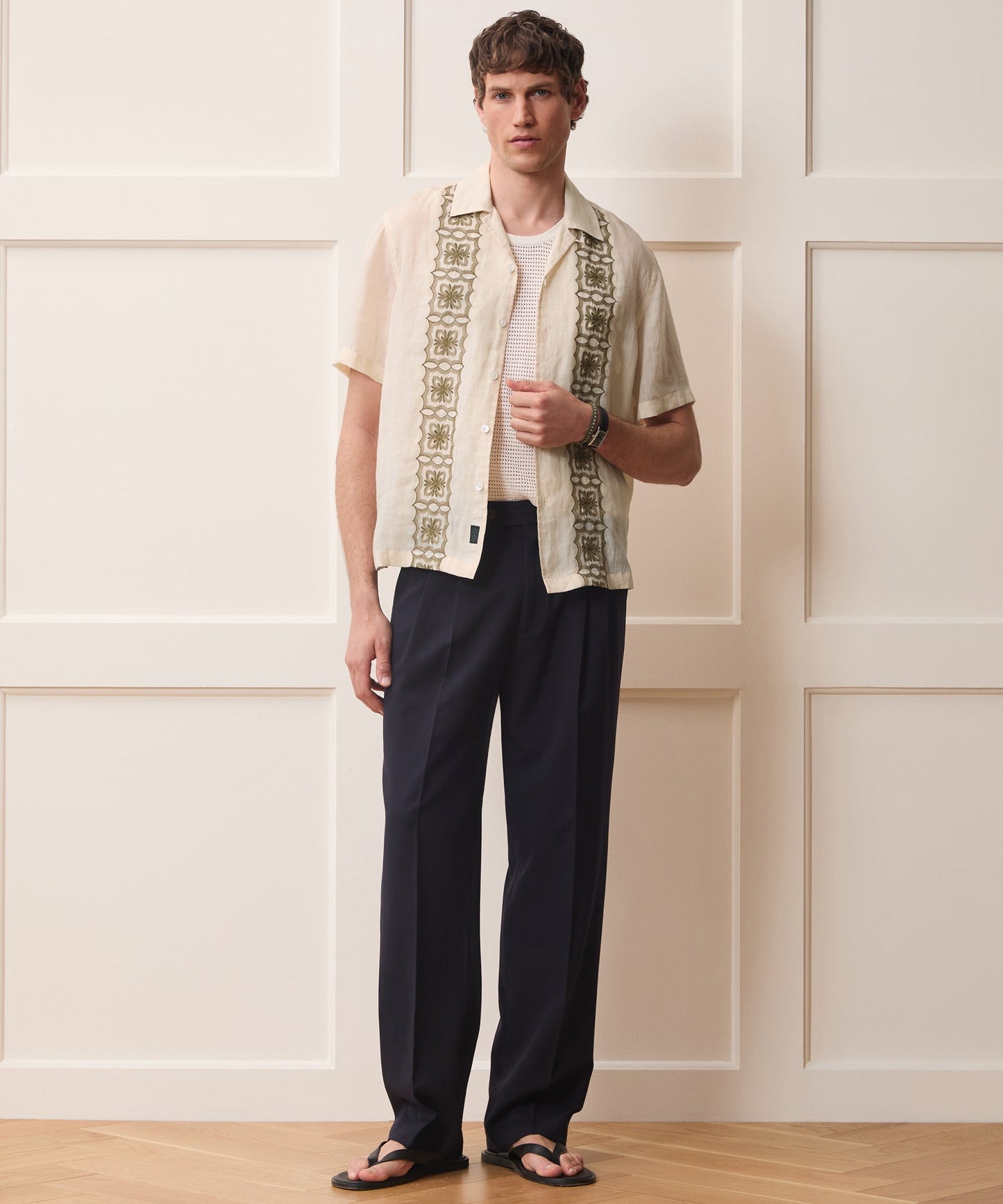 Todd Snyder Embroidered Voile Capri Shirt in Beige Embroidery Beige