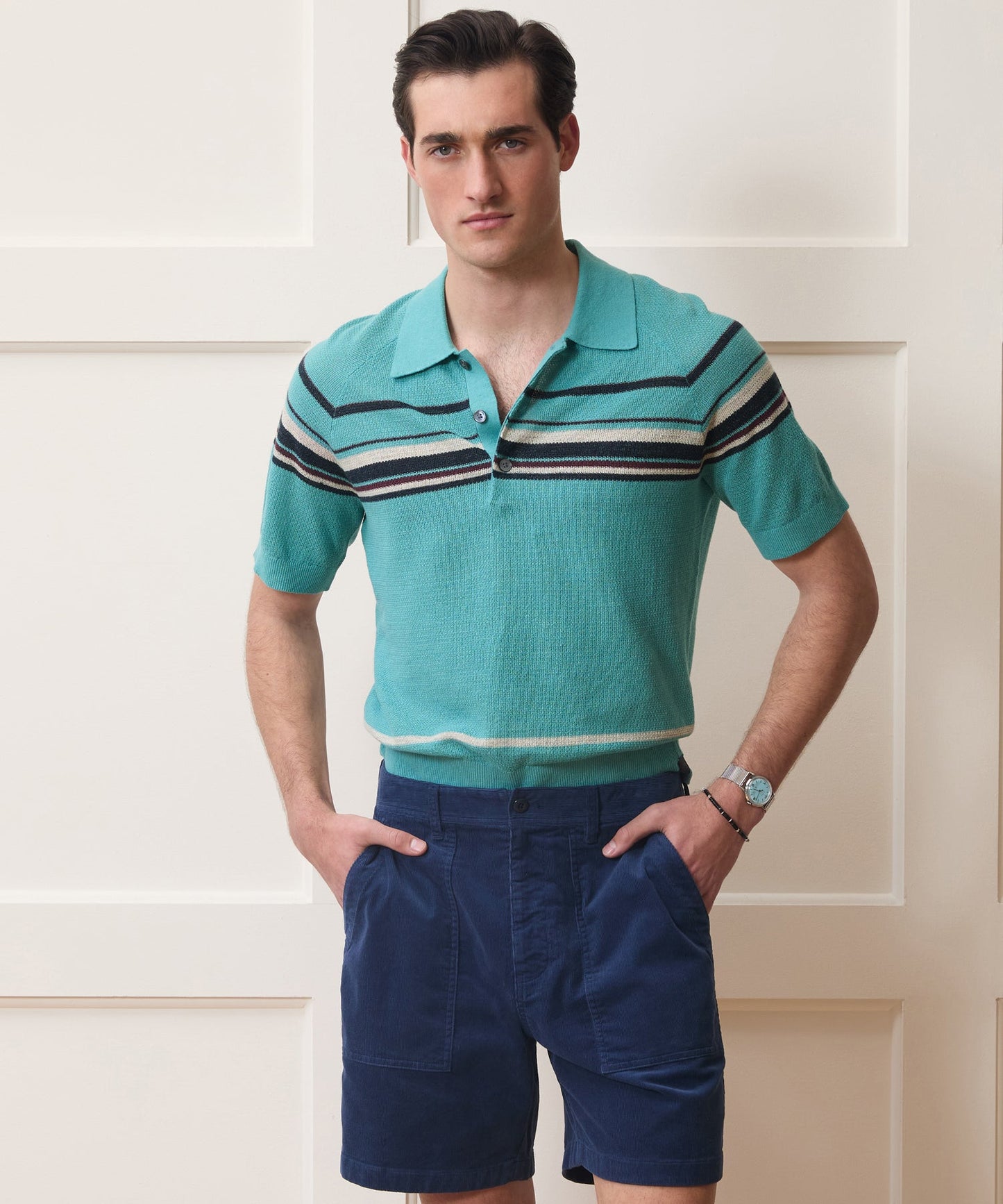 Todd Snyder Clemente Sweater Polo in Blue Ridge Stripe Blue Ridge