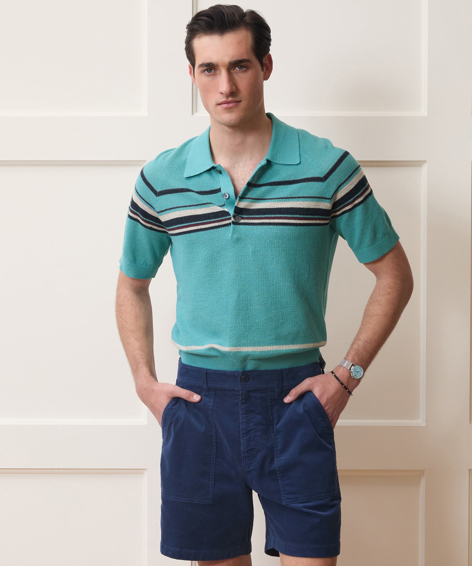 Todd Snyder Clemente Sweater Polo in Blue Ridge Stripe Blue Ridge