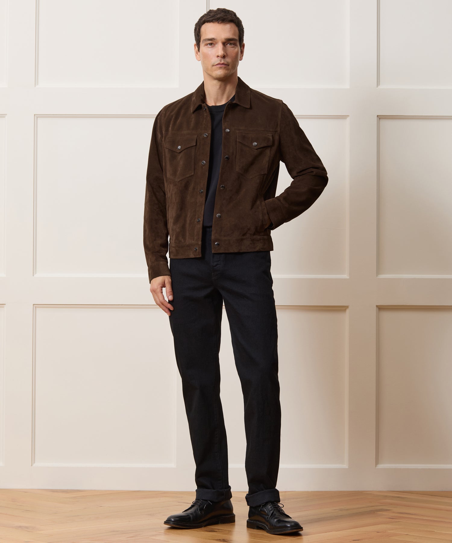 Todd Snyder Italian Suede Snap Dylan Jacket in Rich Brown Rich Brown