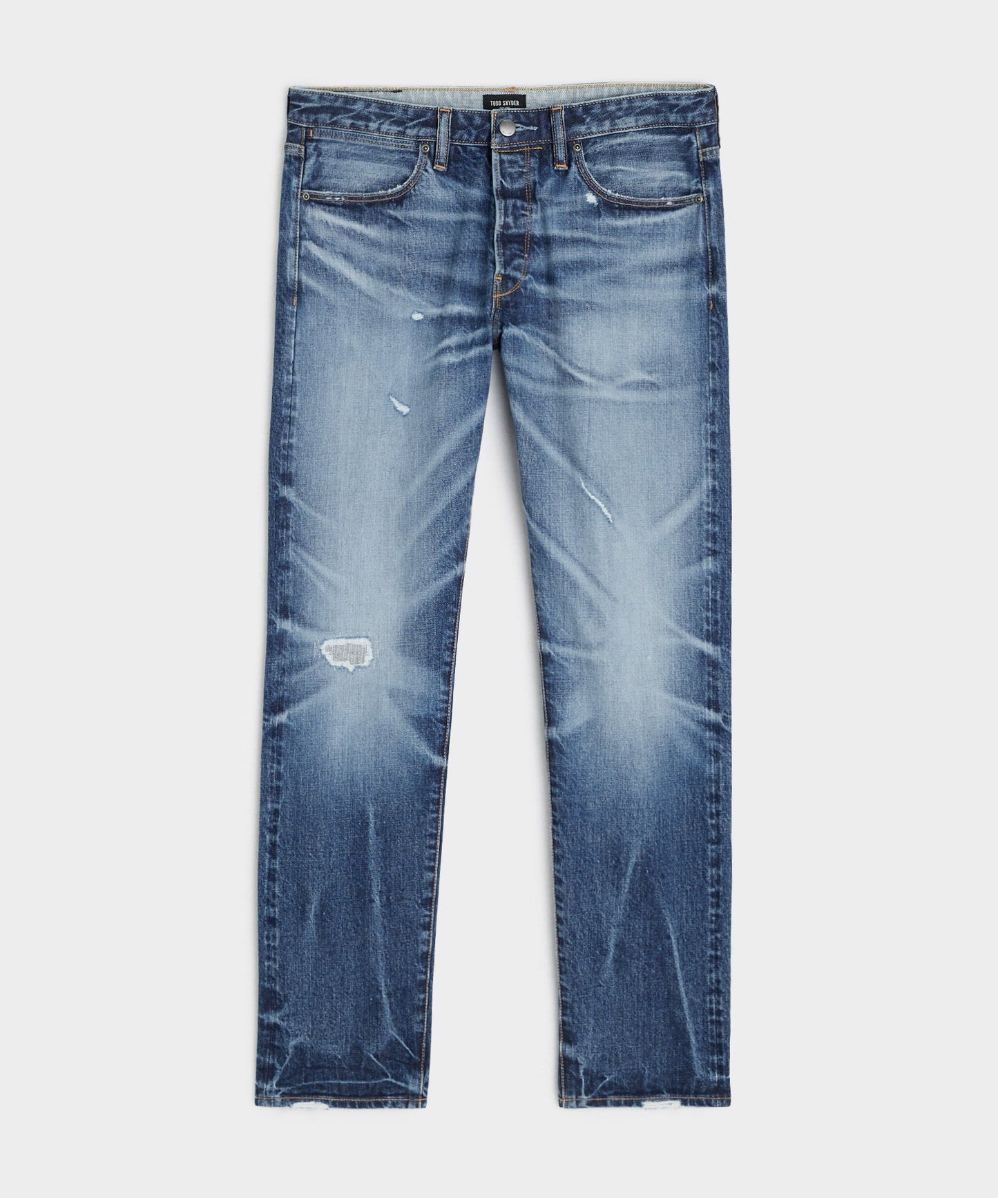 Todd Snyder Slim Japanese Selvedge Stretch Jean in Distressed Wash Medium Indigo