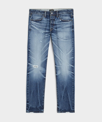 Todd Snyder Slim Japanese Selvedge Stretch Jean in Distressed Wash Medium Indigo