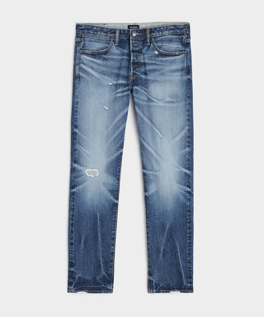 Todd Snyder Slim Japanese Selvedge Stretch Jean in Distressed Wash Medium Indigo