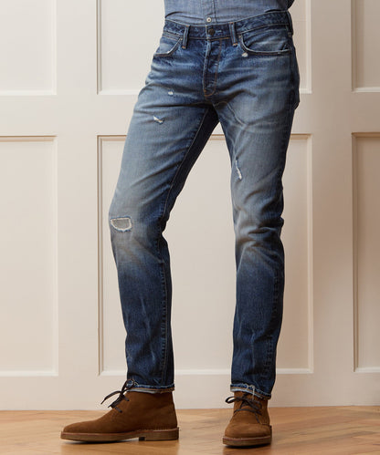 Todd Snyder Slim Japanese Selvedge Stretch Jean in Distressed Wash Medium Indigo