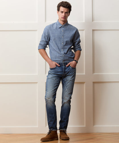 Todd Snyder Slim Japanese Selvedge Stretch Jean in Distressed Wash Medium Indigo