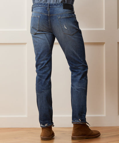 Todd Snyder Slim Japanese Selvedge Stretch Jean in Distressed Wash Medium Indigo