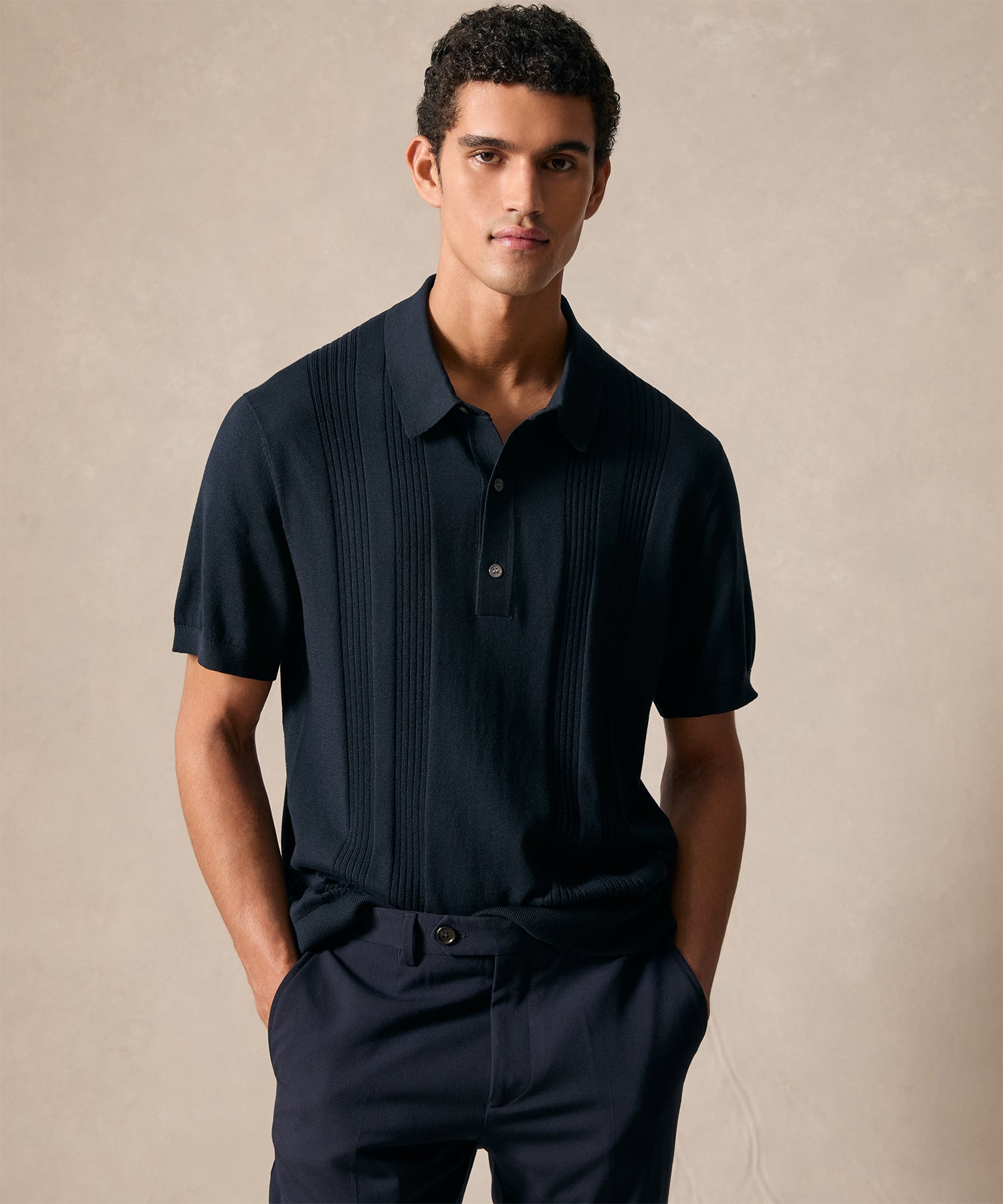 Todd Snyder Silk-Cotton Ribbed Sweater Polo in Navy Navy