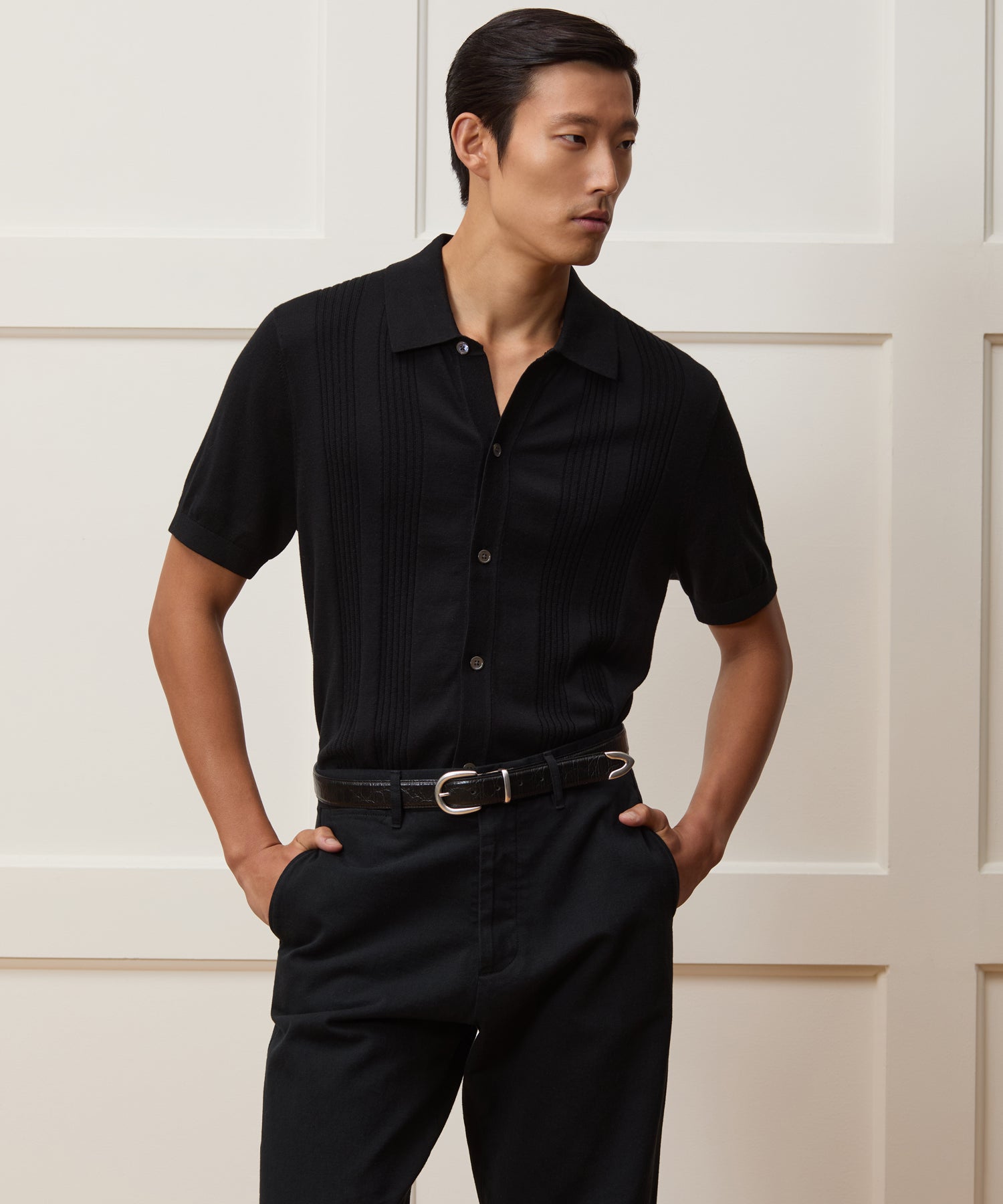 Todd Snyder Silk-Cotton Ribbed Full Placket Sweater Polo in Black Black