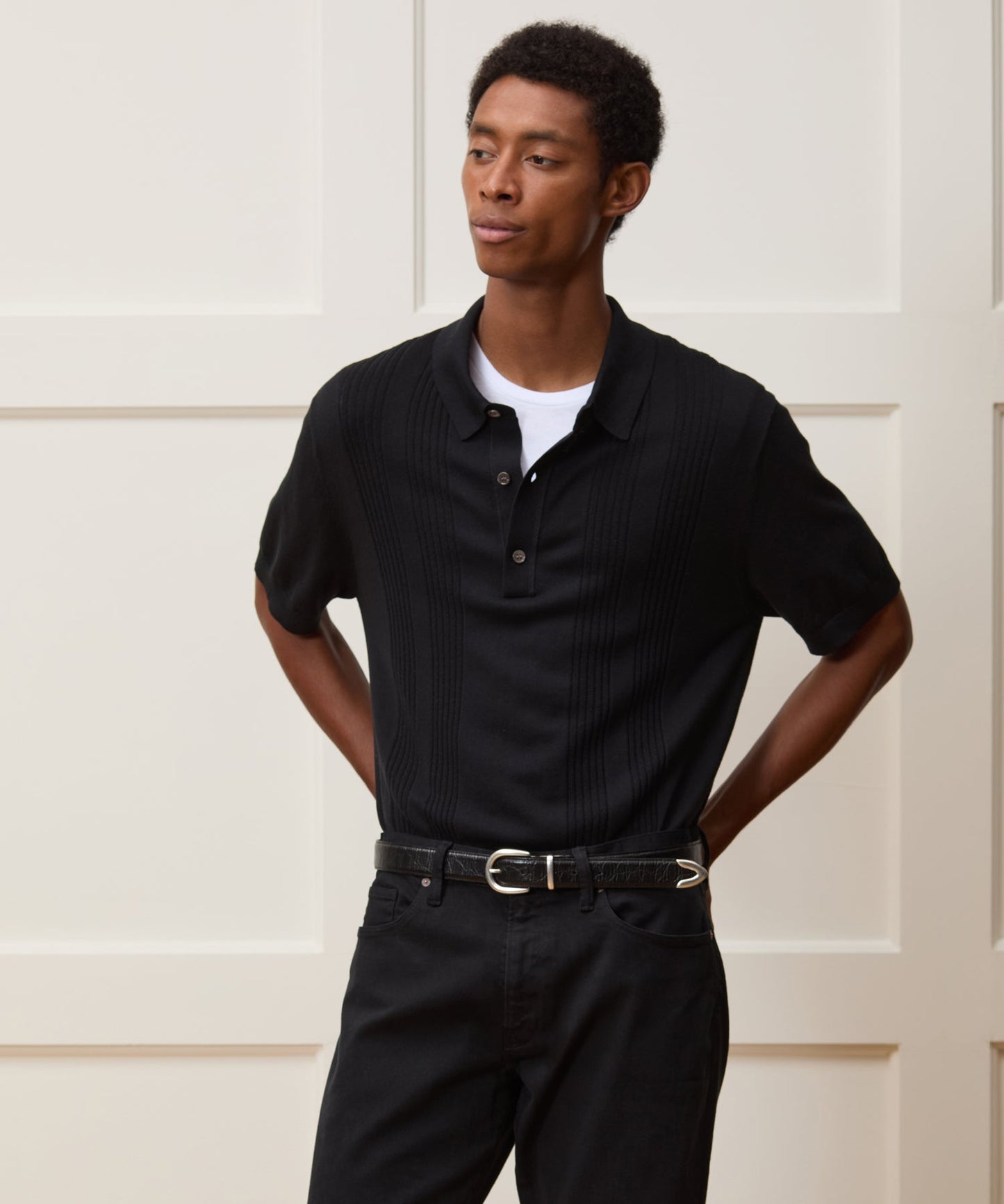 Todd Snyder Silk-Cotton Ribbed Sweater Polo in Black Black