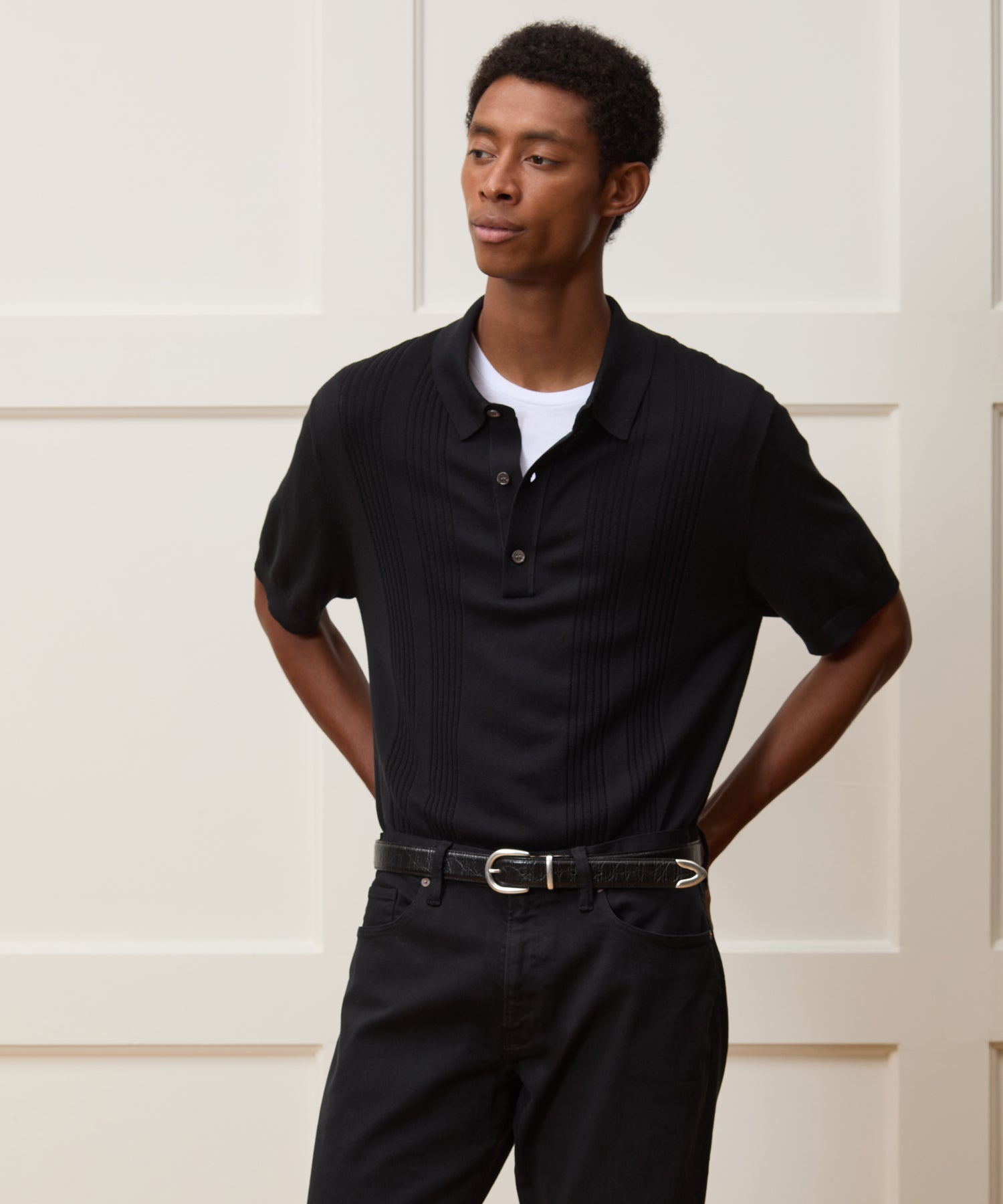 Todd Snyder Silk-Cotton Ribbed Sweater Polo in Black Black
