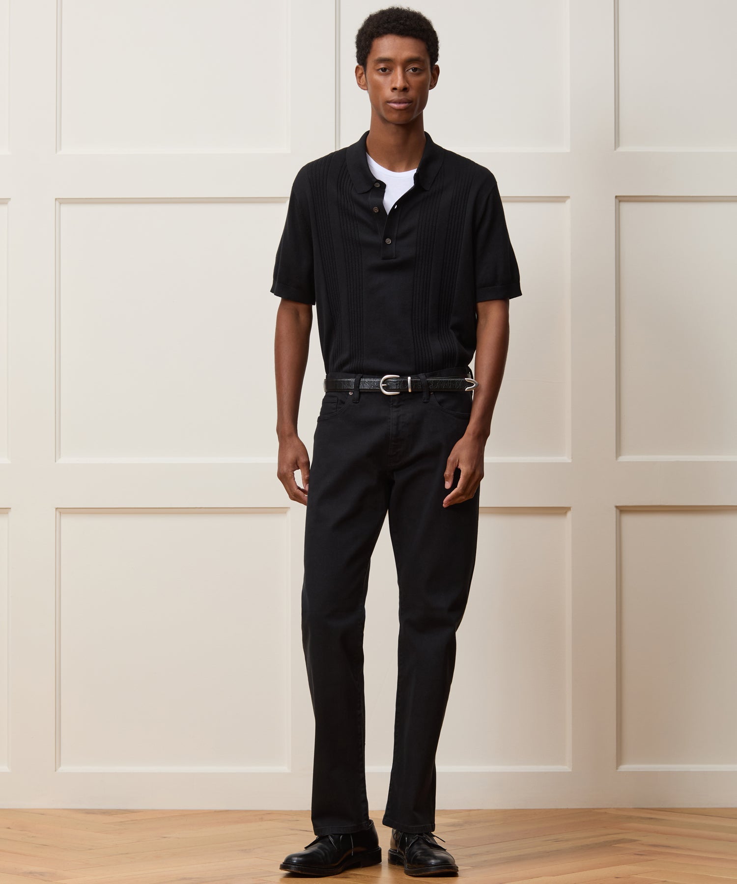 Todd Snyder Silk-Cotton Ribbed Sweater Polo in Black Black