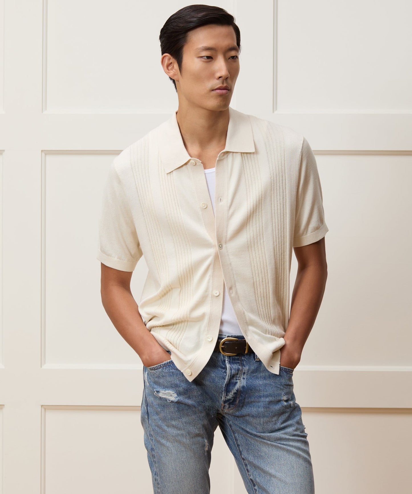 Todd Snyder Silk-Cotton Ribbed Full Placket Sweater Polo in Off White Bisque