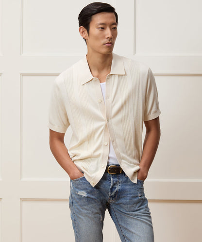 Todd Snyder Silk-Cotton Ribbed Full Placket Sweater Polo in Off White Bisque
