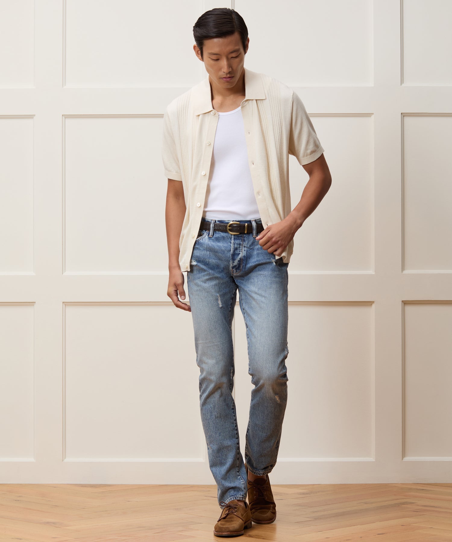 Todd Snyder Silk-Cotton Ribbed Full Placket Sweater Polo in Off White Bisque