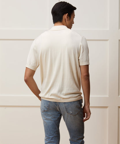 Todd Snyder Silk-Cotton Ribbed Full Placket Sweater Polo in Off White Bisque