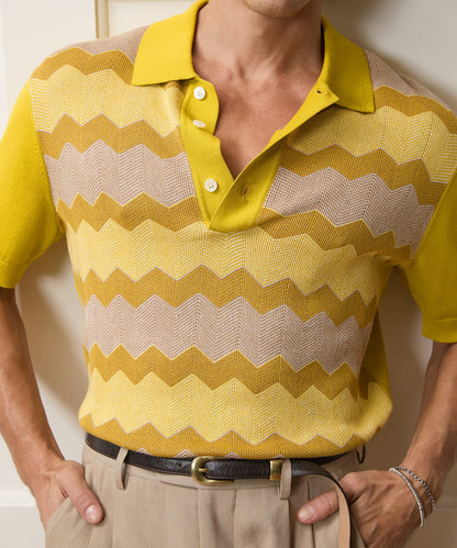 Todd Snyder Charters Sweater Polo in Craspedia Chevron Craspedia