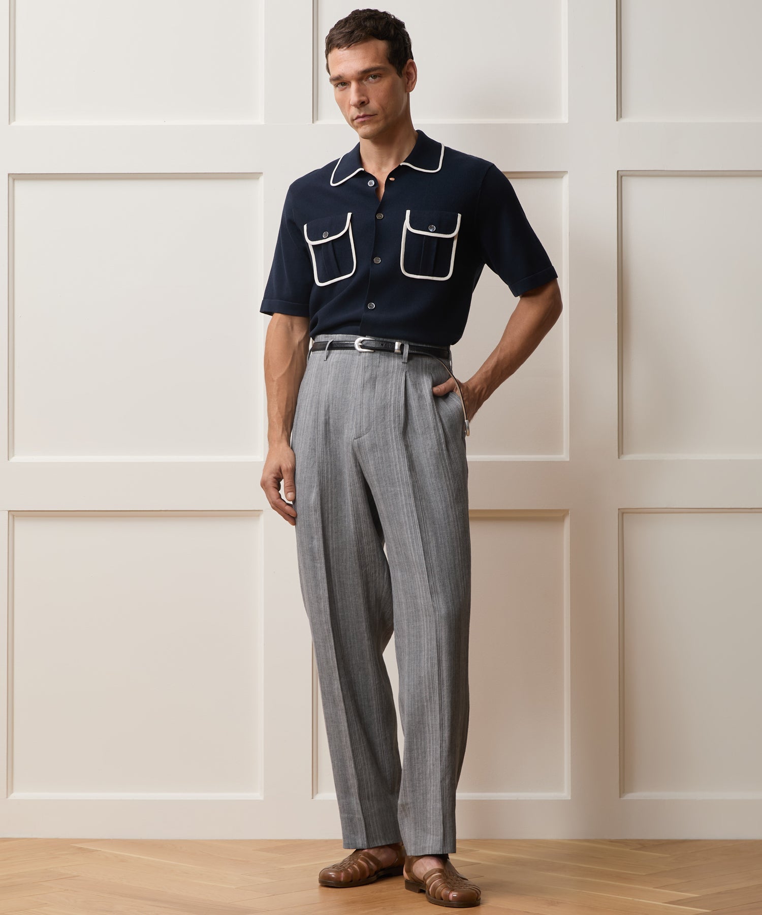 Todd Snyder Italian Multi-Stripe Linen Hollywood Trouser in Grey Grey