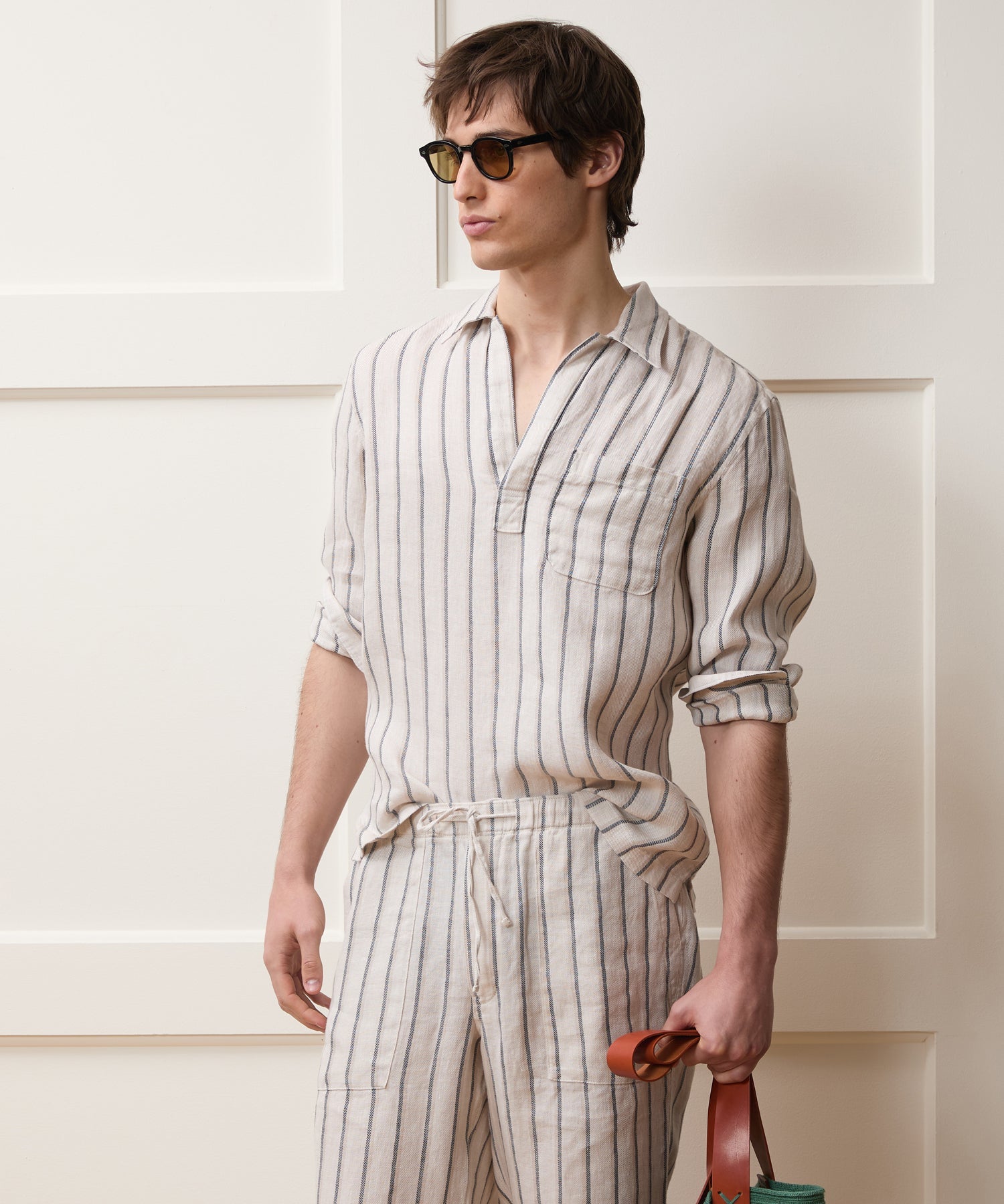 Todd Snyder Striped Linen Popover Shirt in White Stripe White