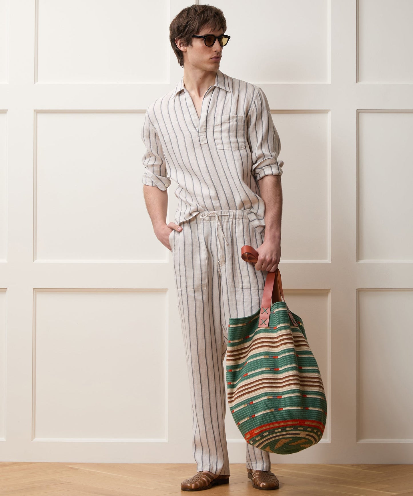 Todd Snyder Striped Linen Popover Shirt in White Stripe White