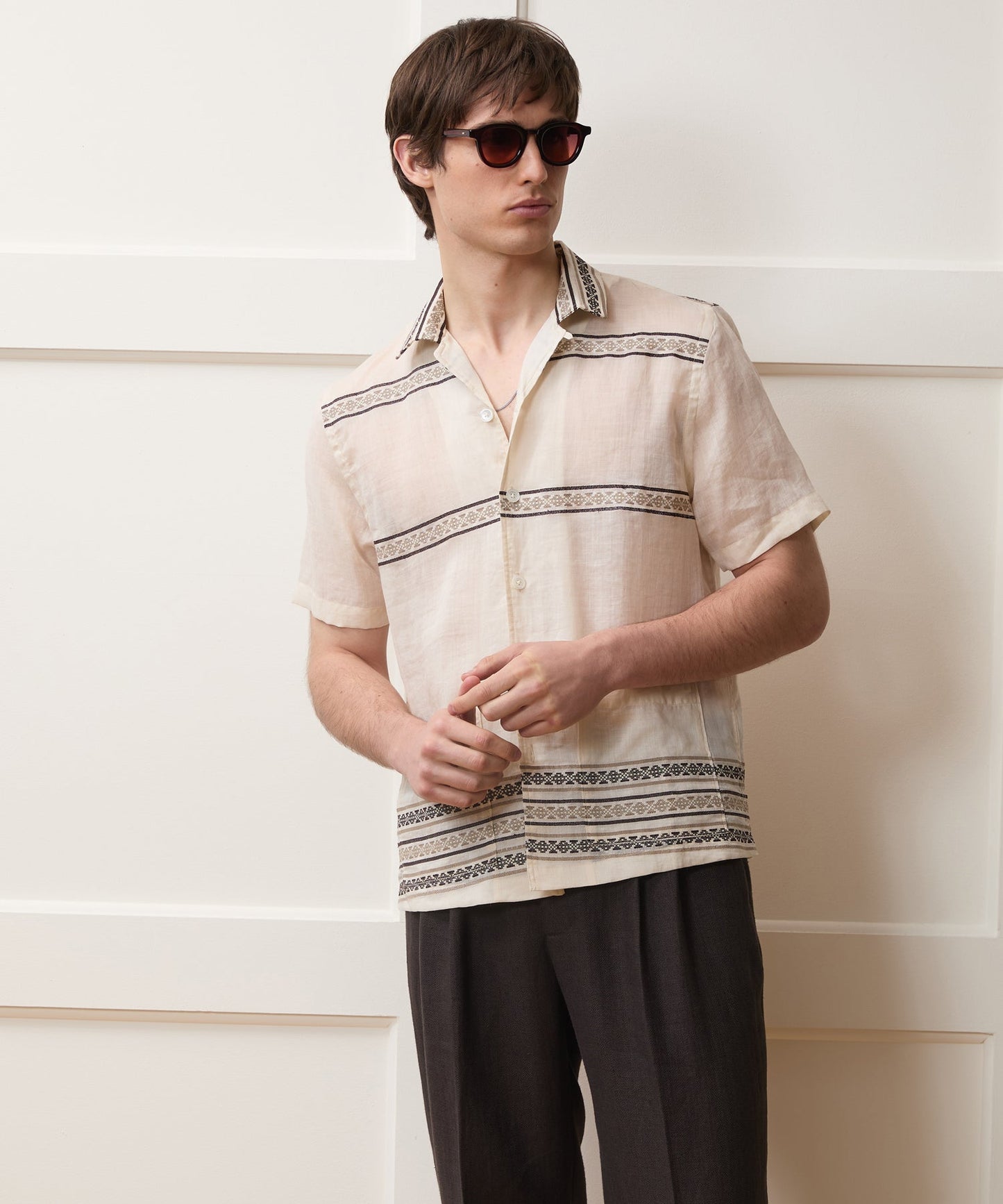 Todd Snyder Embroidered Guayabera Shirt in Cream Embroidery Cream