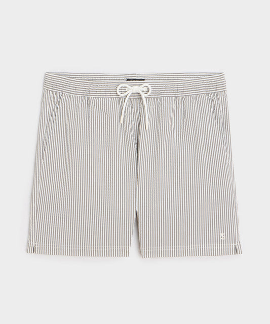 Todd Snyder 5" Seersucker Montauk Swim Trunk in Olive Drab Stripe Olive Drab