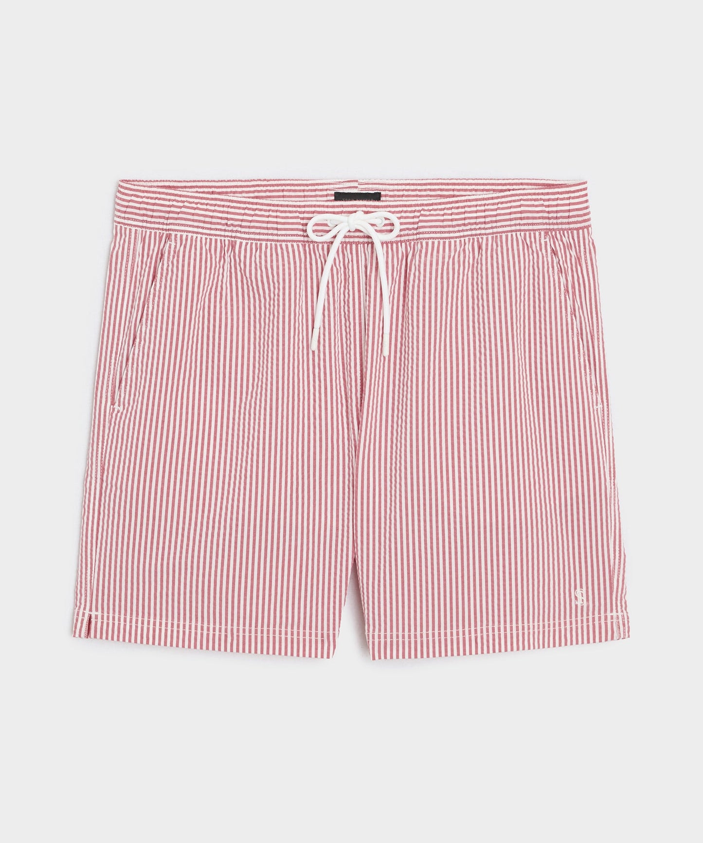 Todd Snyder 5" Seersucker Montauk Swim Trunk in Red Stripe Red