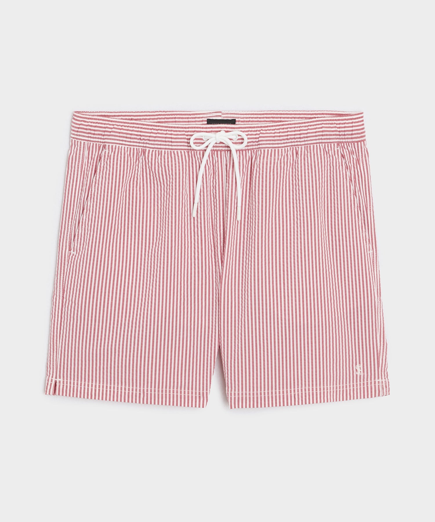 Todd Snyder 5" Seersucker Montauk Swim Trunk in Red Stripe Red