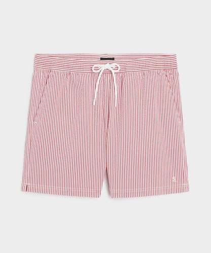 Todd Snyder 5" Seersucker Montauk Swim Trunk in Red Stripe Red