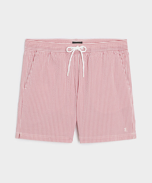 Todd Snyder 5" Seersucker Montauk Swim Trunk in Red Stripe Red
