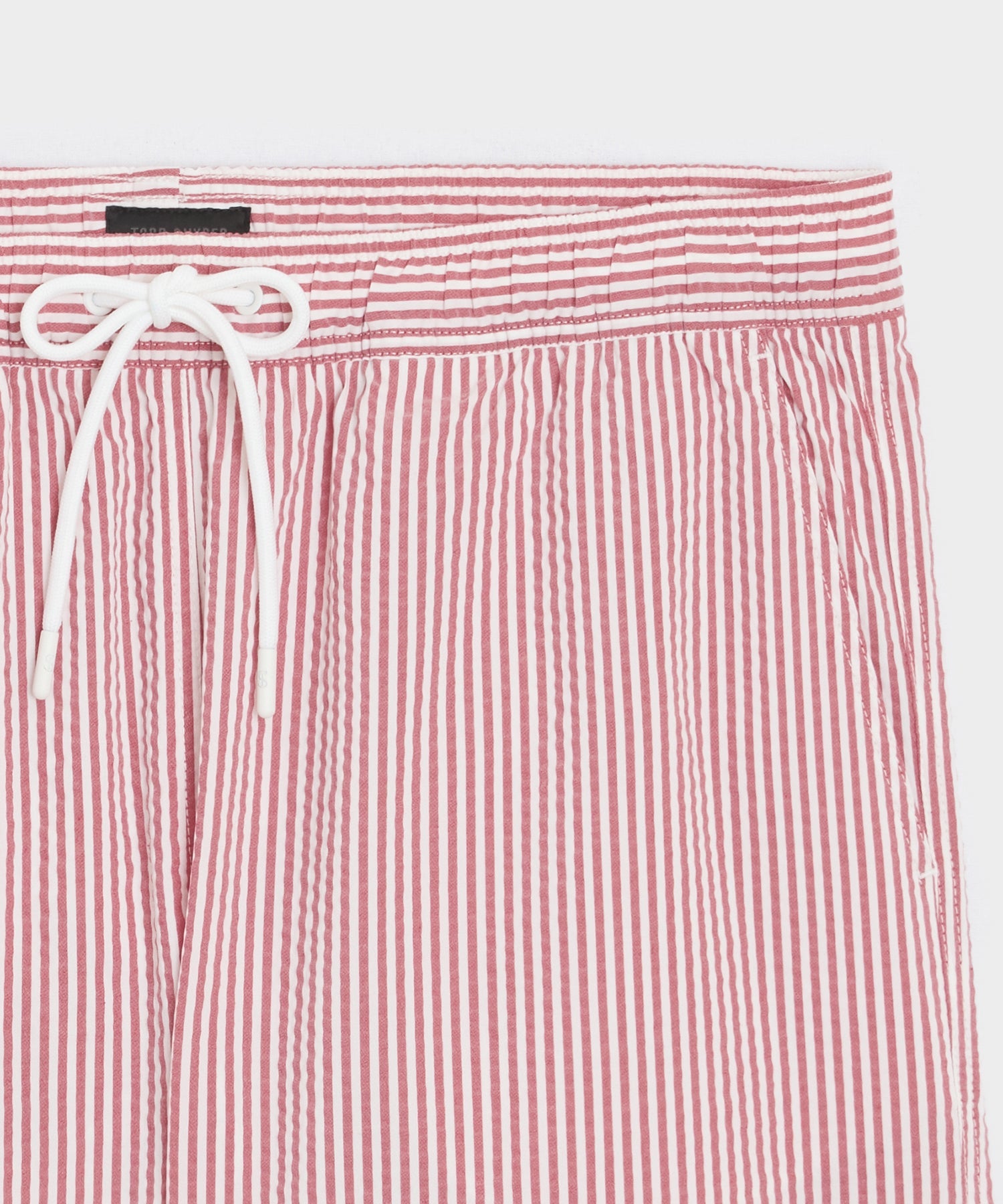 Todd Snyder 5" Seersucker Montauk Swim Trunk in Red Stripe Red