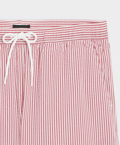 Todd Snyder 5" Seersucker Montauk Swim Trunk in Red Stripe Red