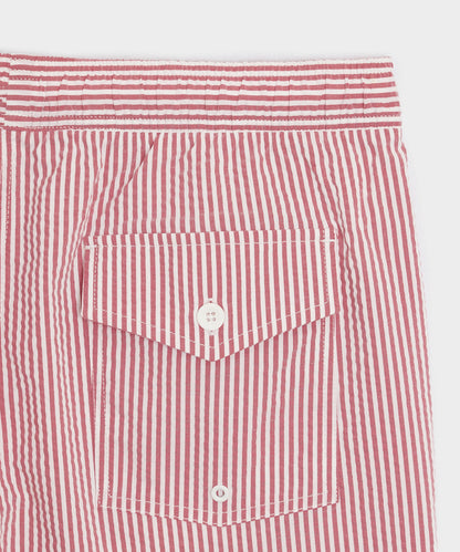 Todd Snyder 5" Seersucker Montauk Swim Trunk in Red Stripe Red