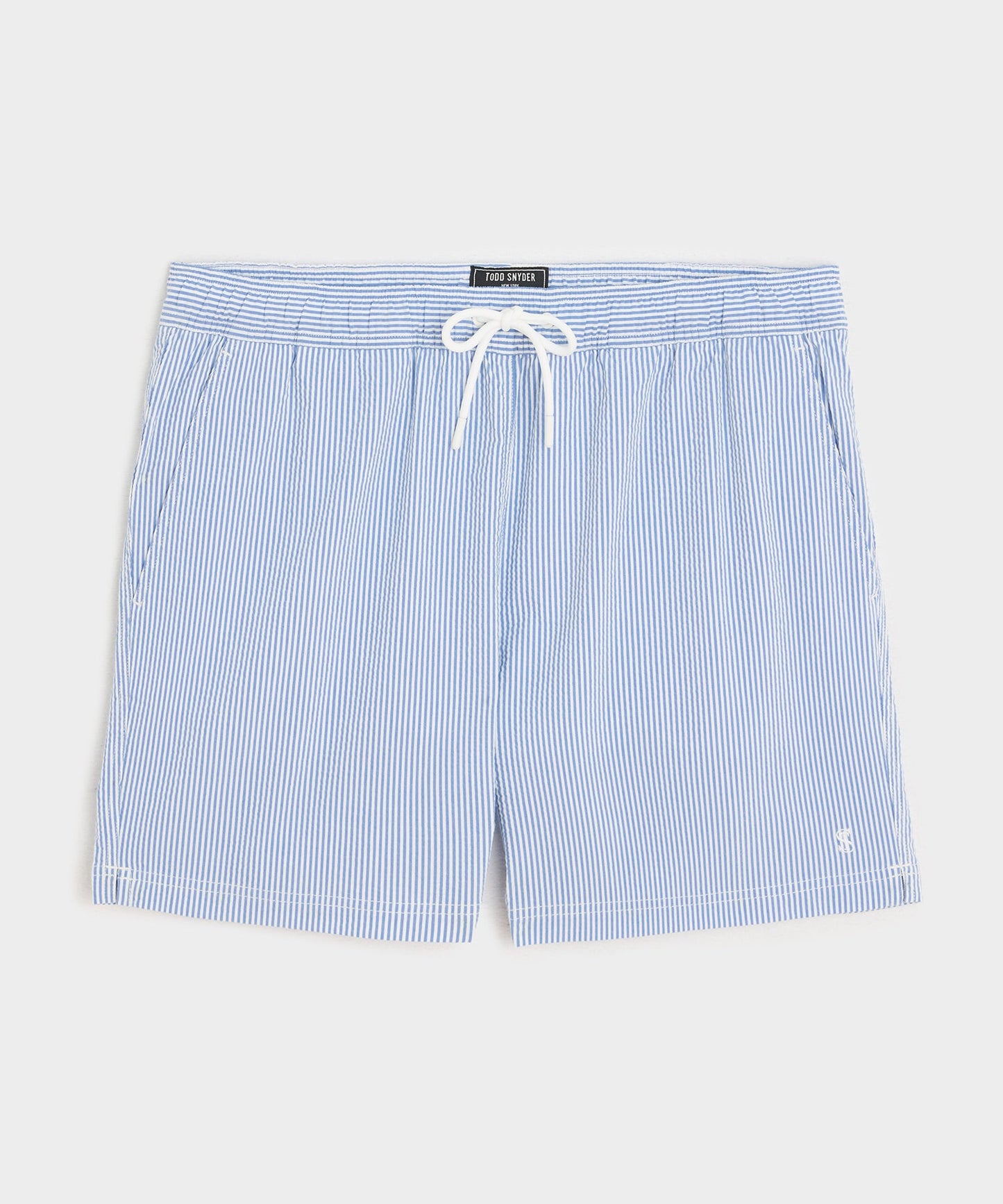 Todd Snyder 5" Seersucker Montauk Swim Trunk in Light Blue Stripe Light Blue